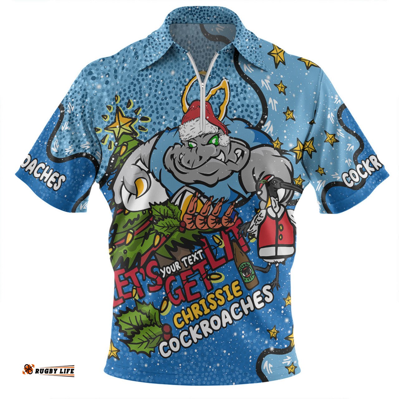 New South Wales Cockroaches Christmas Custom Zip Polo Shirt - Let's Get Lit Chrisse Pressie Zip Polo Shirt