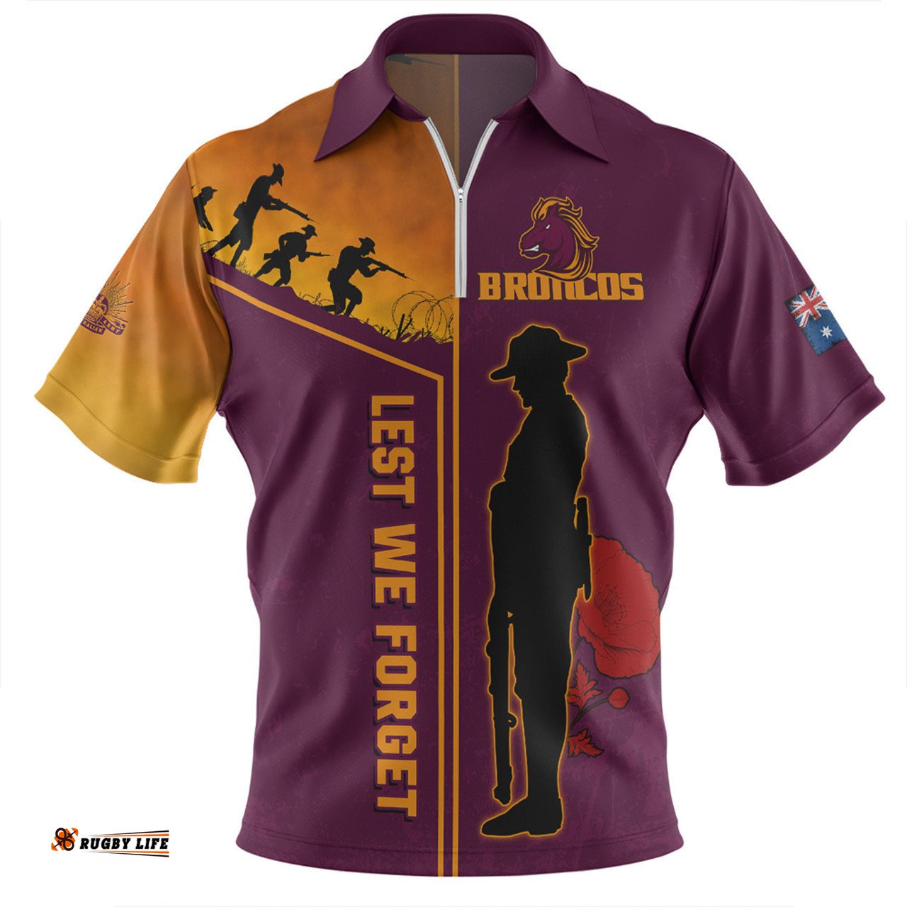 Brisbane Broncos Zip Polo Shirt - Anzac Day Lest We Forget Poppy
