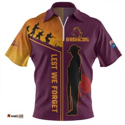 Brisbane Broncos Zip Polo Shirt - Anzac Day Lest We Forget Poppy