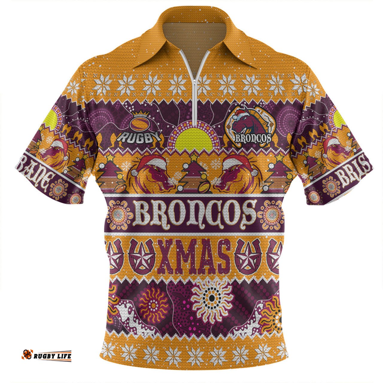 Brisbane Broncos Christmas Aboriginal Custom Zip Polo Shirt - Indigenous Knitted Ugly Xmas Style Zip Polo Shirt