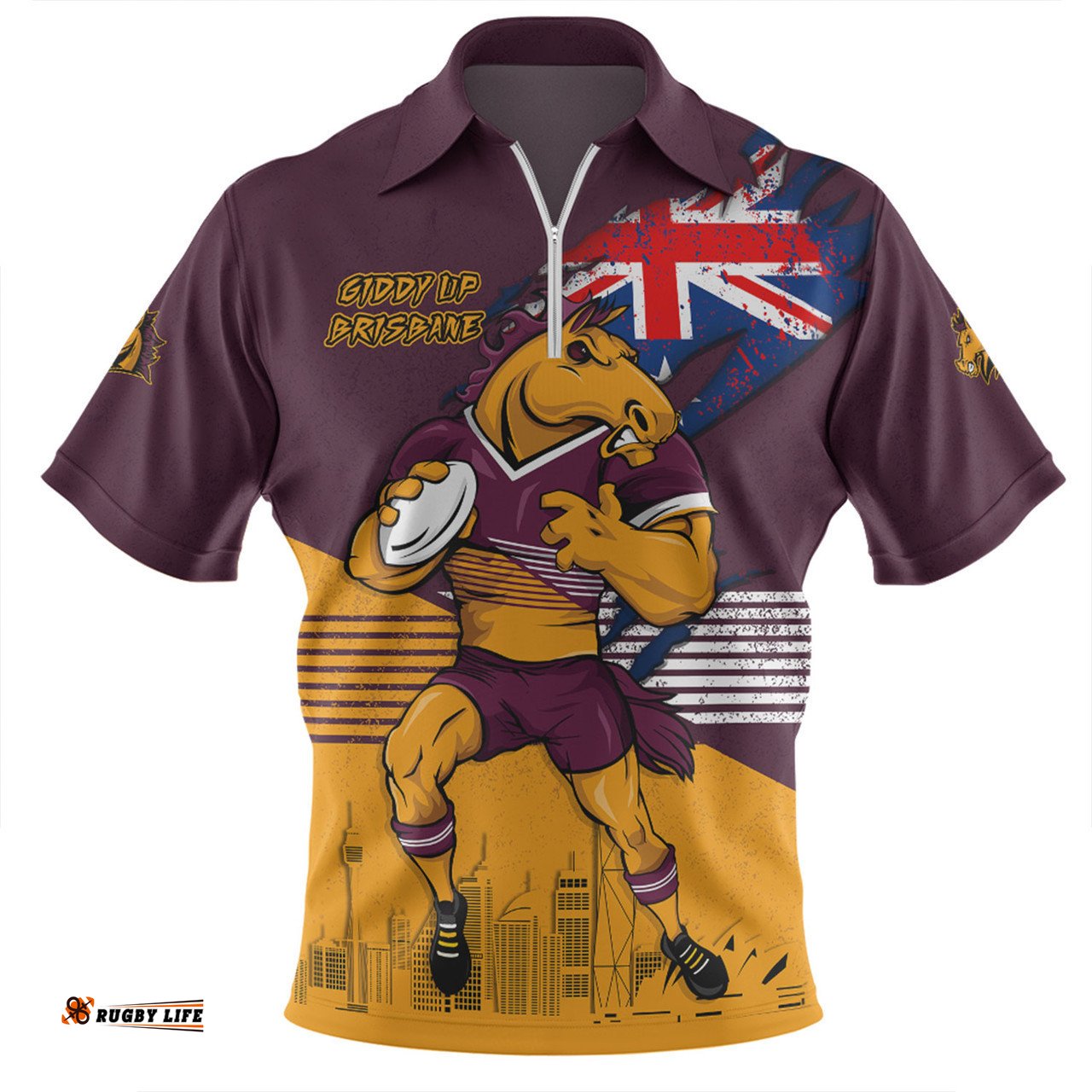 Brisbane Broncos Zip Polo Shirt Custom For Die Hard Fan Australia Flag Scratch Style