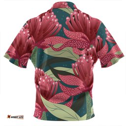 Australia Flowers Aboriginal Zip Polo Shirt - Australian Waratah Flowers Painting In Aboriginal Style Zip Polo Shirt