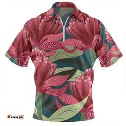 Australia Flowers Aboriginal Zip Polo Shirt - Australian Waratah Flowers Painting In Aboriginal Style Zip Polo Shirt