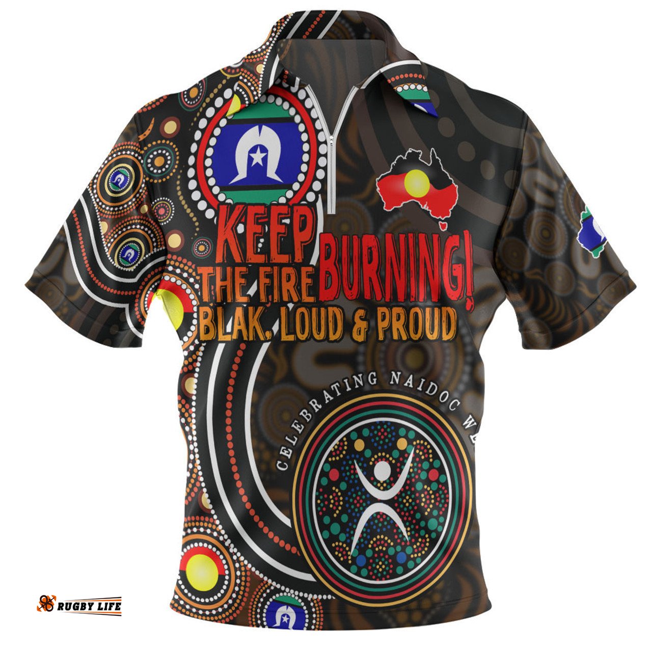 Australia Zip Polo Shirt Naidoc Week Keep The Fire Burning Aboriginal Dot Art