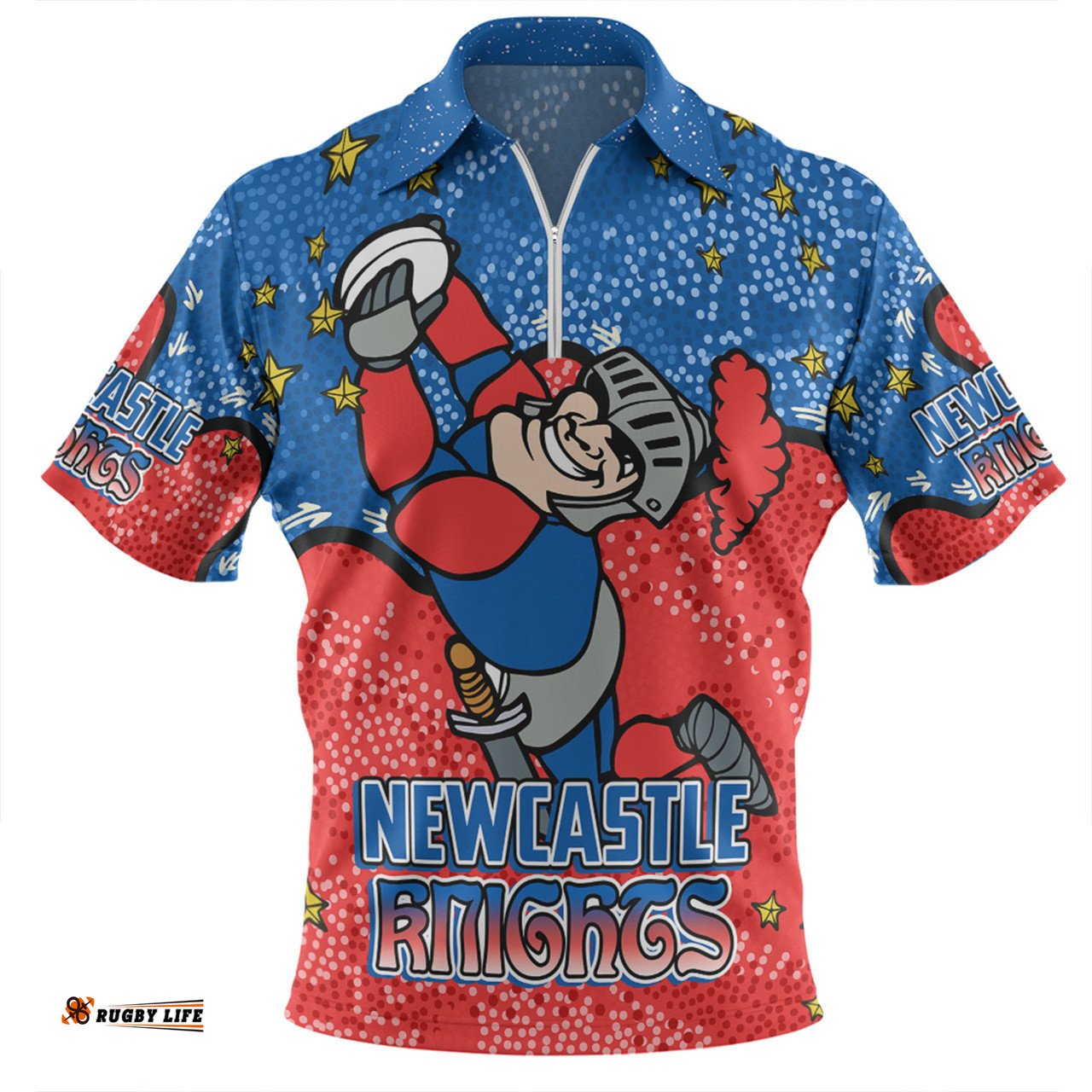 Newcastle Knights Custom Zip Polo Shirt - Team With Dot And Star Patterns For Tough Fan Zip Polo Shirt