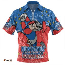Newcastle Knights Custom Zip Polo Shirt - Team With Dot And Star Patterns For Tough Fan Zip Polo Shirt
