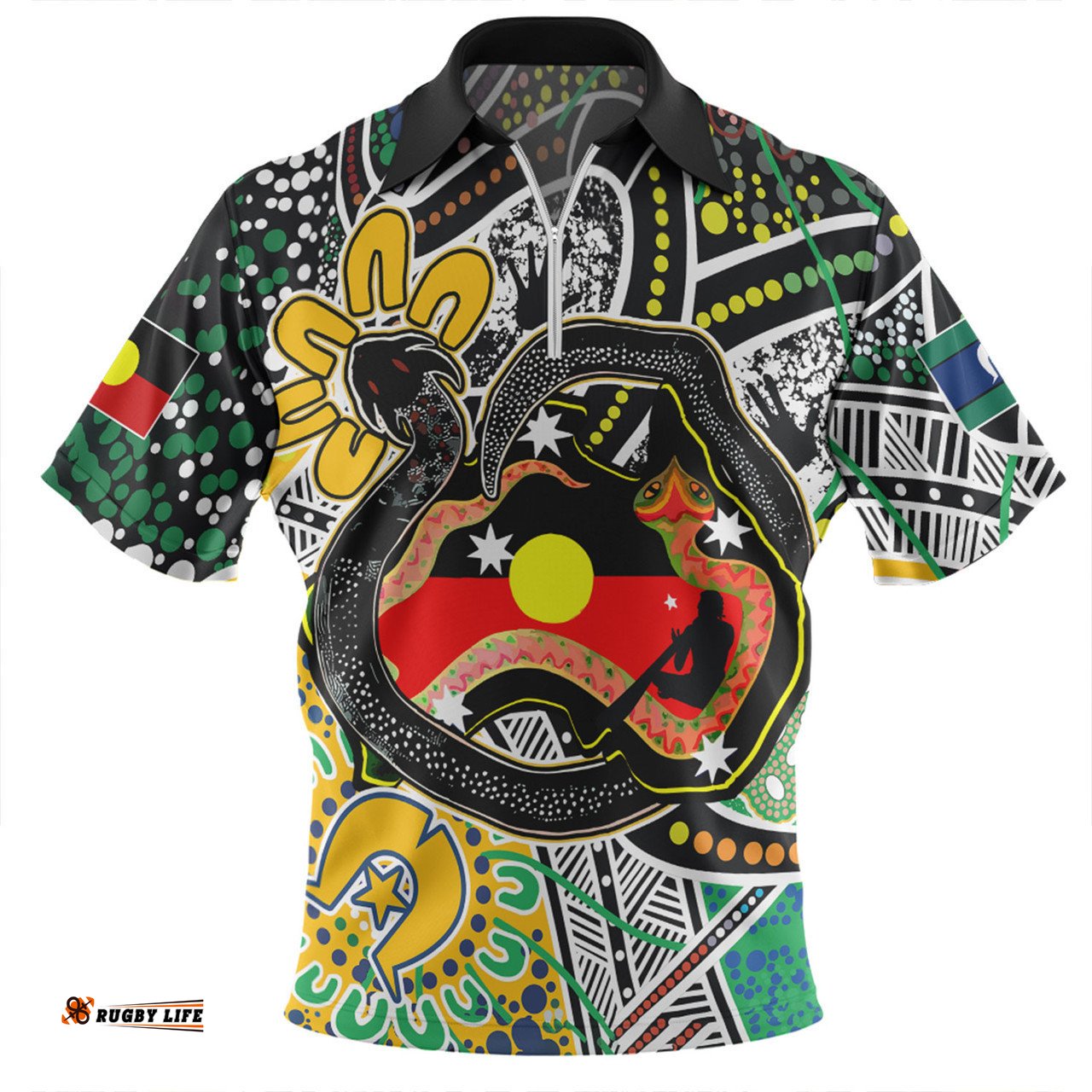 Australia Rainbow Serpent Aboriginal Zip Polo Shirt - Dreamtime Rainbow Serpent Creates Australia Zip Polo Shirt