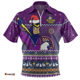 Melbourne Storm Christmas Custom Zip Polo Shirt - Ugly Xmas And Aboriginal Patterns For Die Hard Fan Zip Polo Shirt