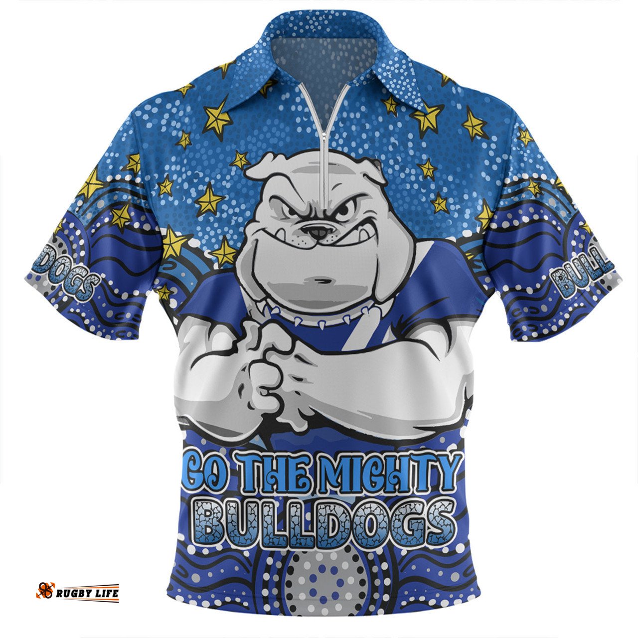 Canterbury-Bankstown Bulldogs Custom Zip Polo Shirt - Custom With Aboriginal Inspired Style Of Dot Painting Patterns  Zip Polo Shirt