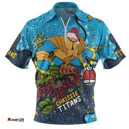 Gold Coast Titans Christmas Custom Zip Polo Shirt - Let's Get Lit Chrisse Pressie Zip Polo Shirt
