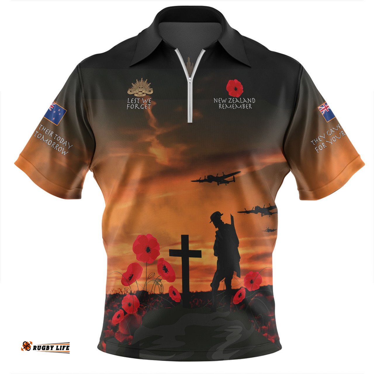 New Zealand Anzac Day Zip Polo Shirt - New Zealand Warriors Remember Orange Zip Polo Shirt