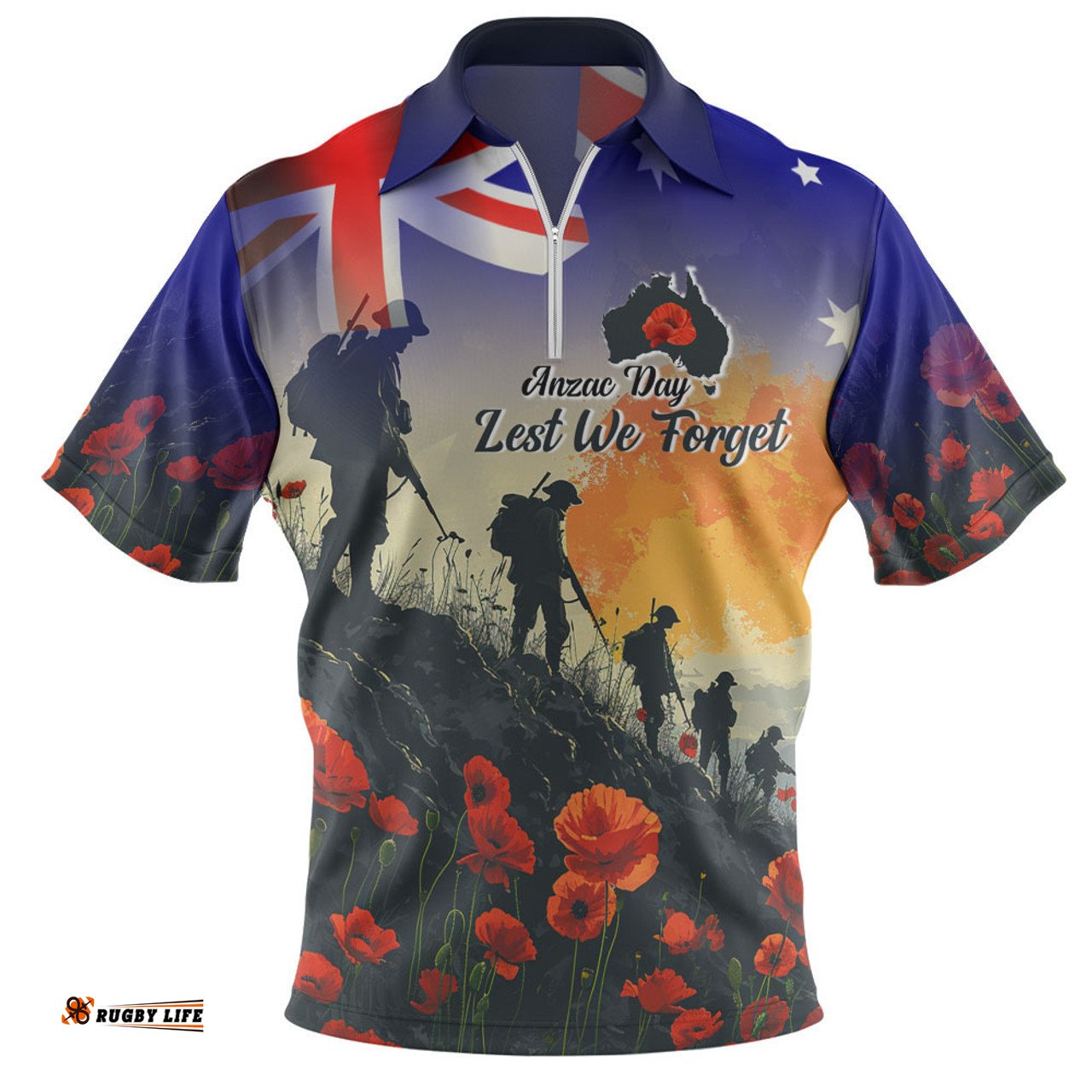 Australia Custom Zip Polo Shirt -  Anzac Day Soldiers With Australia Flag
