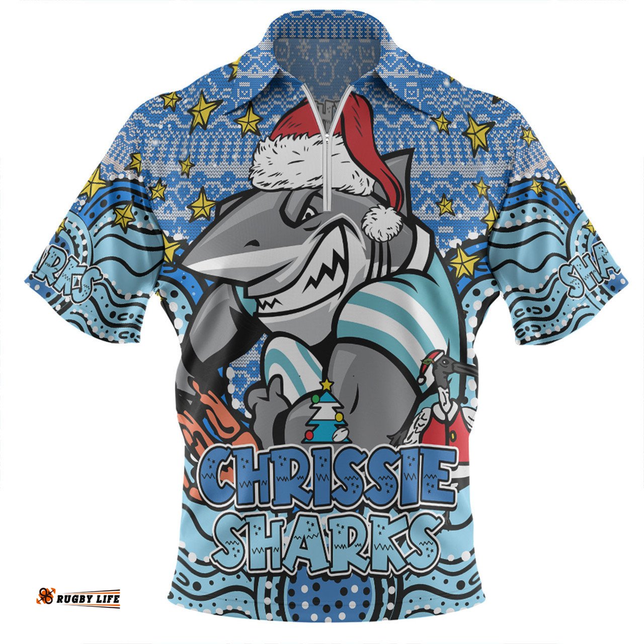 Cronulla-Sutherland Sharks Christmas Custom Zip Polo Shirt - Christmas Knit Patterns Vintage Jersey Ugly Zip Polo Shirt
