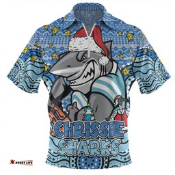 Cronulla-Sutherland Sharks Christmas Custom Zip Polo Shirt - Christmas Knit Patterns Vintage Jersey Ugly Zip Polo Shirt