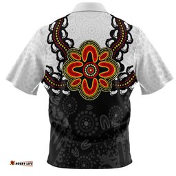 Australia Zip Polo Shirt Aboriginal Inspired Symbol Pattern White