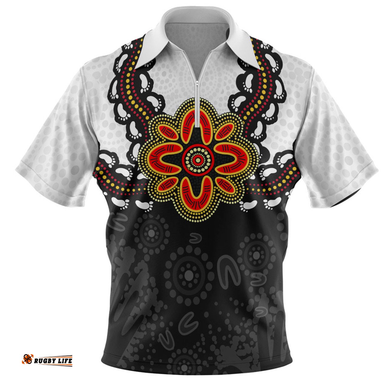 Australia Zip Polo Shirt Aboriginal Inspired Symbol Pattern White
