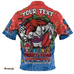 Newcastle Knights Christmas Custom Zip Polo Shirt - Merry Christmas Our Beloved Team With Aboriginal Dot Art Pattern Zip Polo Shirt
