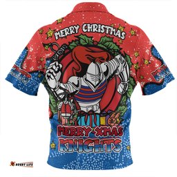 Newcastle Knights Christmas Custom Zip Polo Shirt - Merry Christmas Our Beloved Team With Aboriginal Dot Art Pattern Zip Polo Shirt