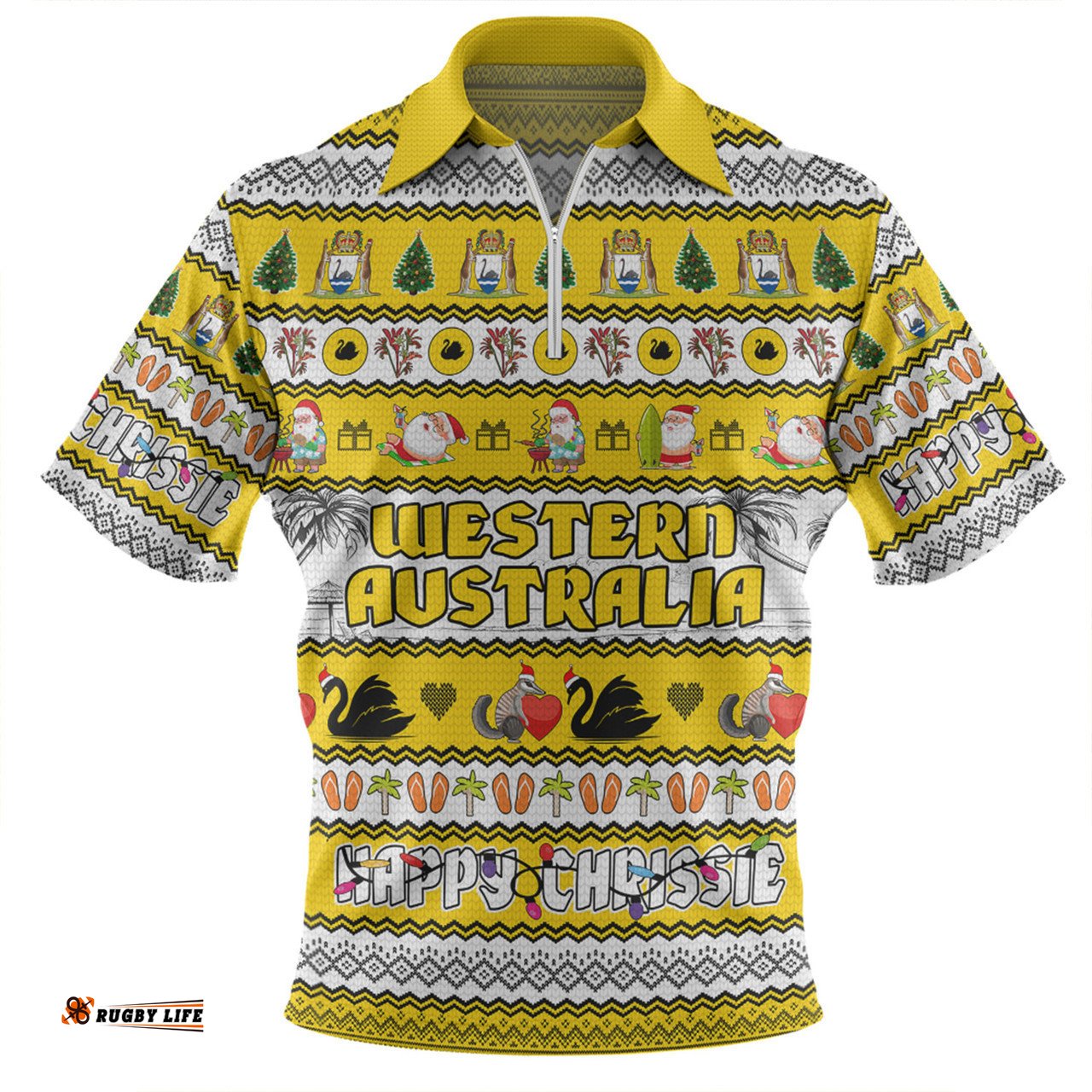 Western Australia Christmas Custom Zip Polo Shirt - Happy Chrissie Ugly Style Zip Polo Shirt