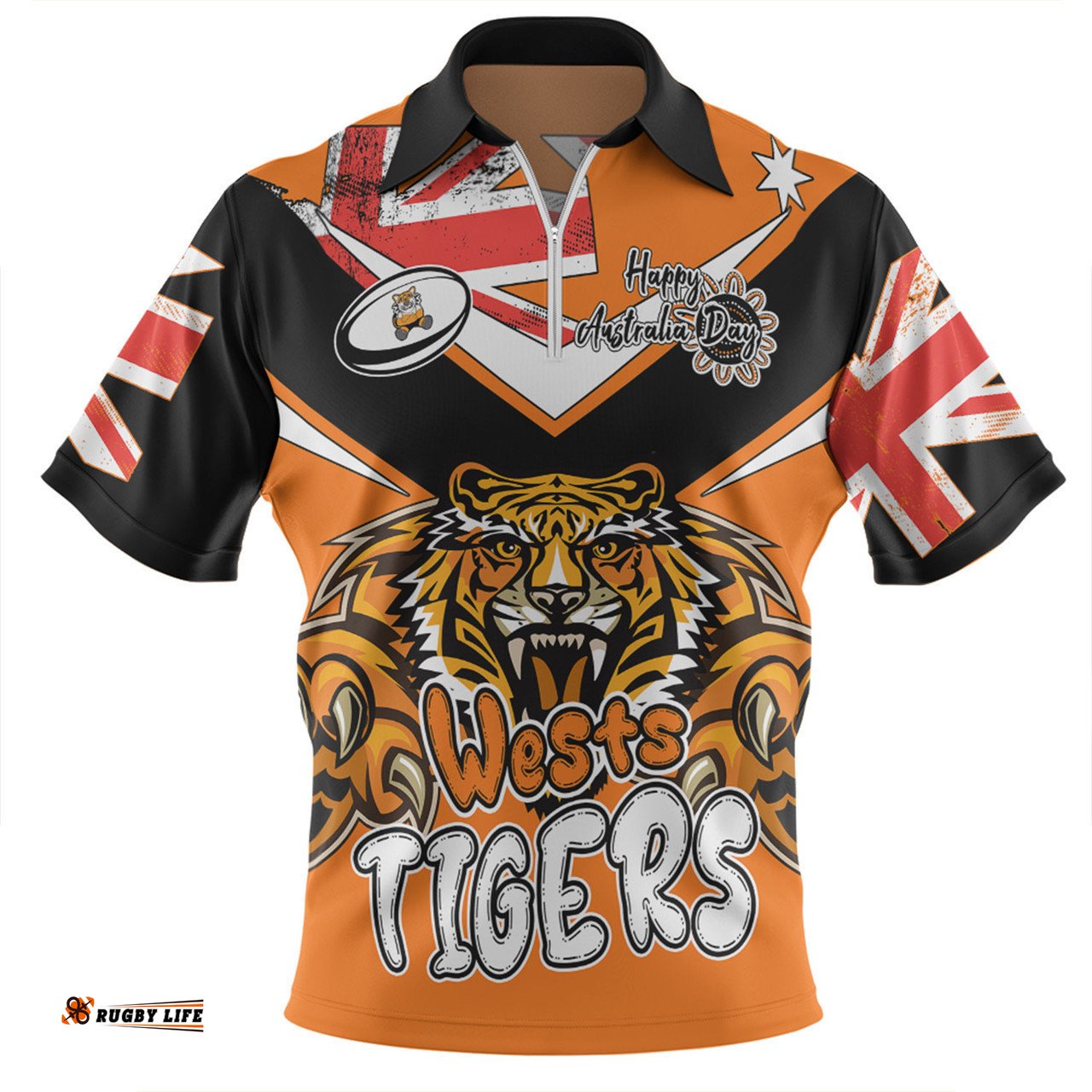 Wests Tigers Zip Polo Shirt - Happy Australia Day We Are One And Free V2