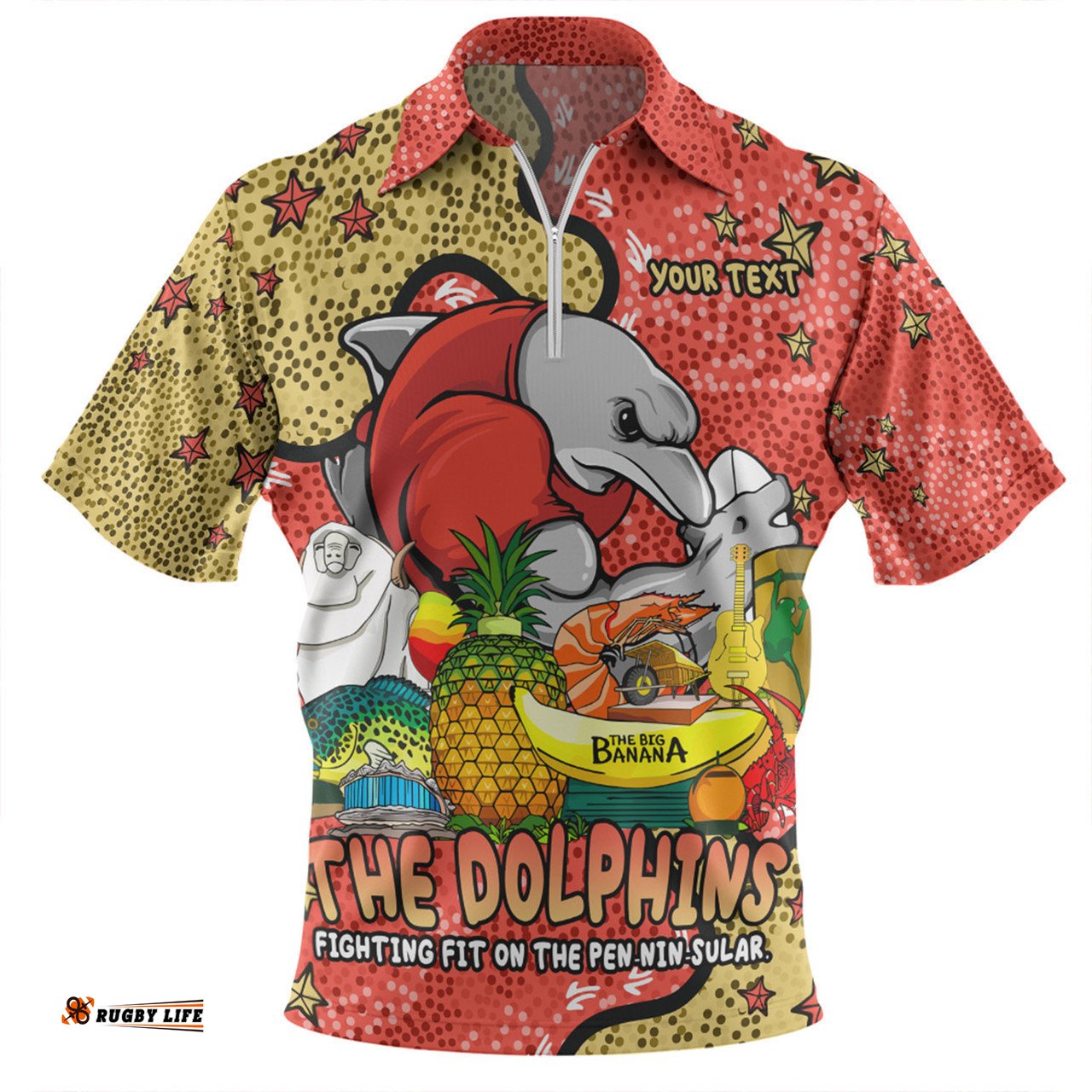 Redcliffe Dolphins Custom Zip Polo Shirt - Australian Big Things Zip Polo Shirt