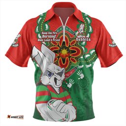 South Sydney Rabbitohs Zip Polo Shirt Aboriginal Inspired Naidoc Symbol Pattern