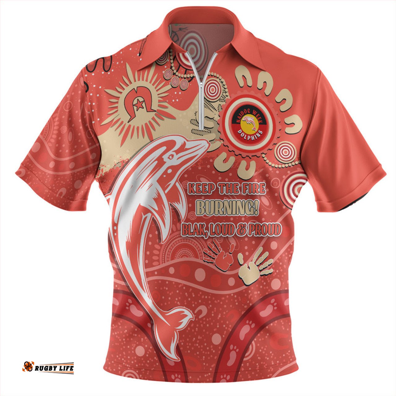 Redcliffe Dolphins Zip Polo Shirt Aboriginal Indigenous Naidoc Week Dreamtime Dot Painting With Flag