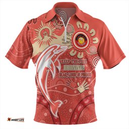 Redcliffe Dolphins Zip Polo Shirt Aboriginal Indigenous Naidoc Week Dreamtime Dot Painting With Flag