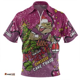 Queensland Cane Toads Christmas Custom Zip Polo Shirt - Let's Get Lit Chrisse Pressie Zip Polo Shirt