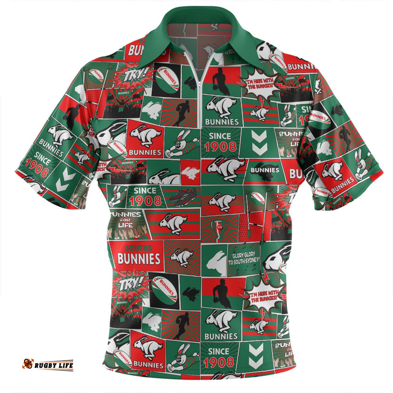 South Sydney Rabbitohs Zip Polo Shirt - Team Of Us Die Hard Fan Supporters Comic Style Zip Polo Shirt