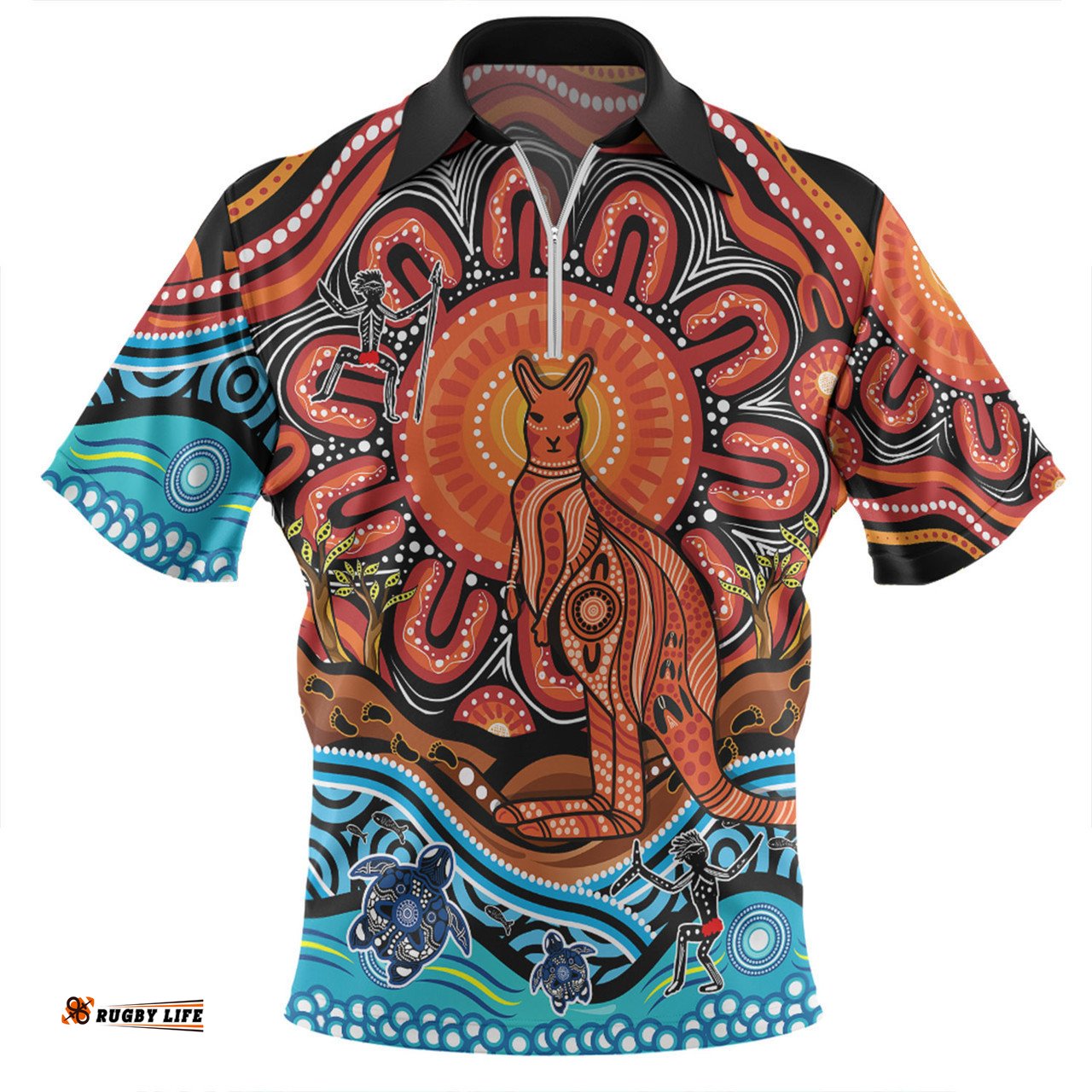 Australia Zip Polo Shirt Aboriginal Inspired Kangaroo Dreaming Dot Painting Pattern