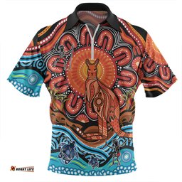 Australia Zip Polo Shirt Aboriginal Inspired Kangaroo Dreaming Dot Painting Pattern