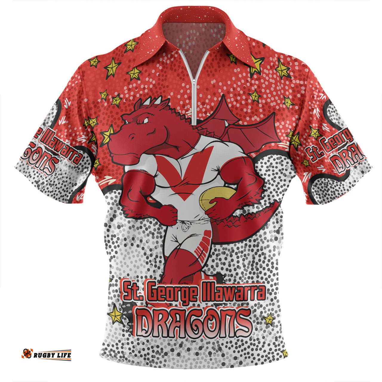 St. George Illawarra Dragons Custom Zip Polo Shirt - Team With Dot And Star Patterns For Tough Fan Zip Polo Shirt