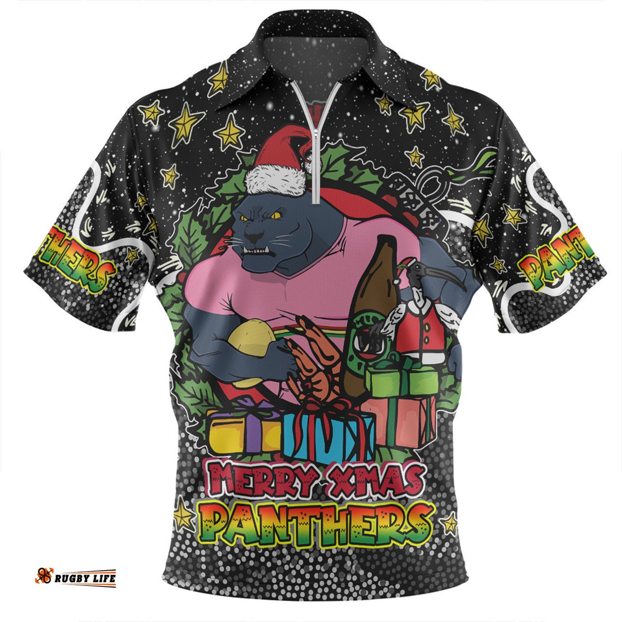 Penrith Panthers Christmas Custom Zip Polo Shirt - Merry Christmas Our Beloved Team With Aboriginal Dot Art Pattern Zip Polo Shirt