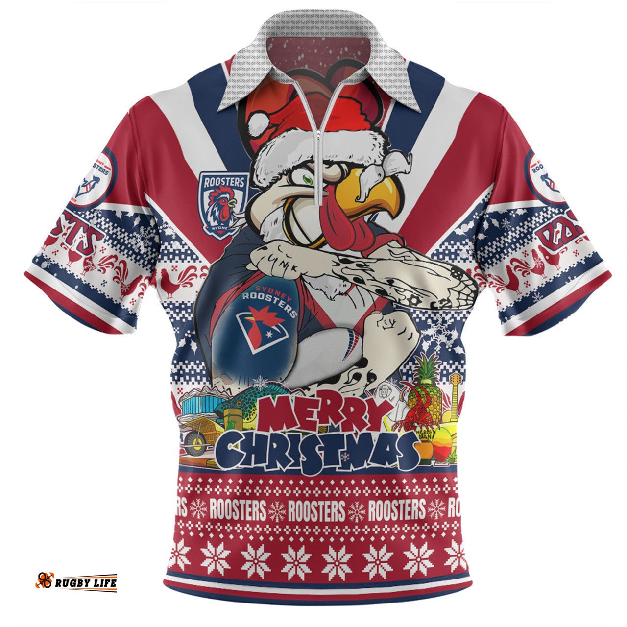 Sydney Roosters Christmas Custom Zip Polo Shirt - Easts Rooster Santa Aussie Big Things Zip Polo Shirt