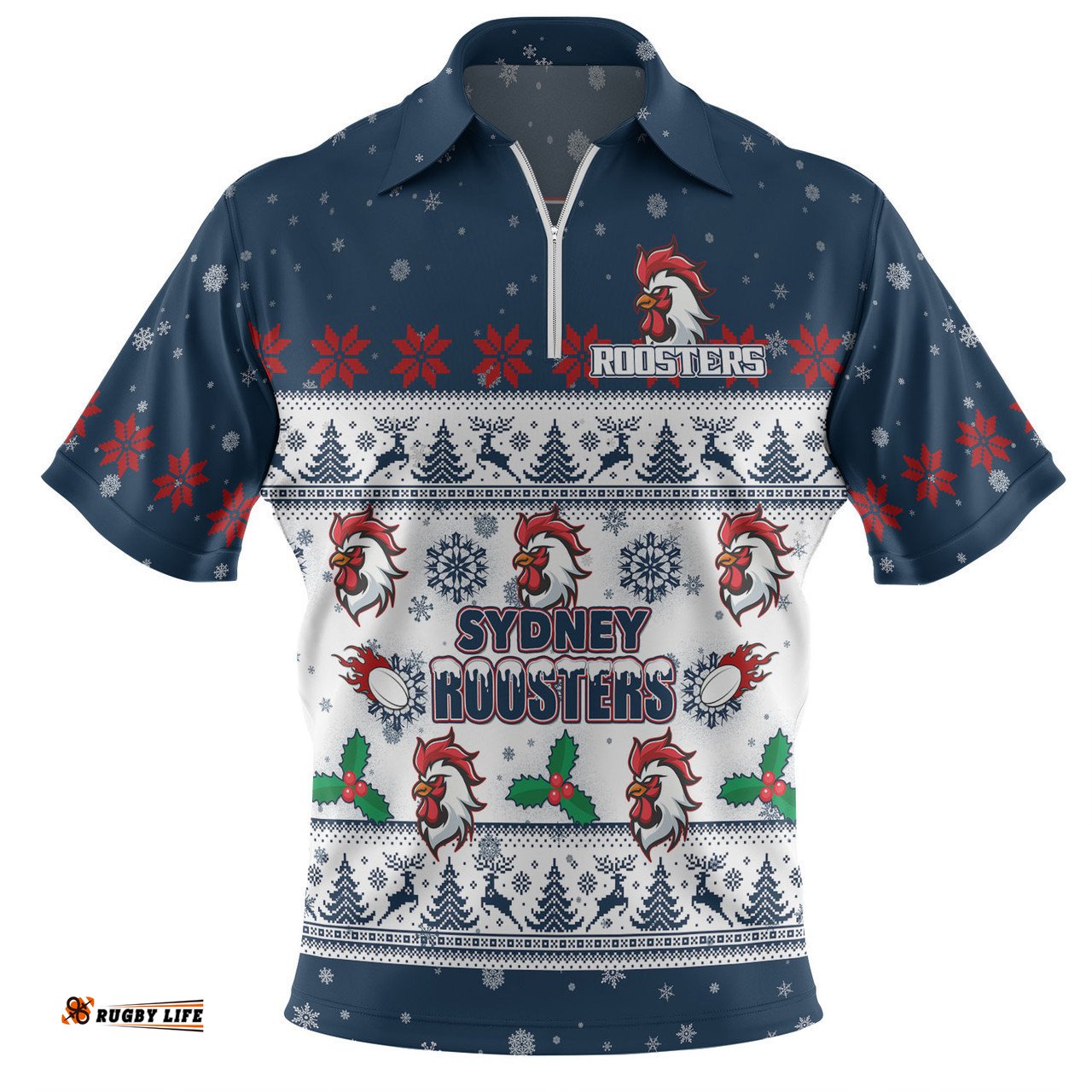 Sydney Roosters Christmas Custom Zip Polo Shirt - Special Ugly Christmas Zip Polo Shirt