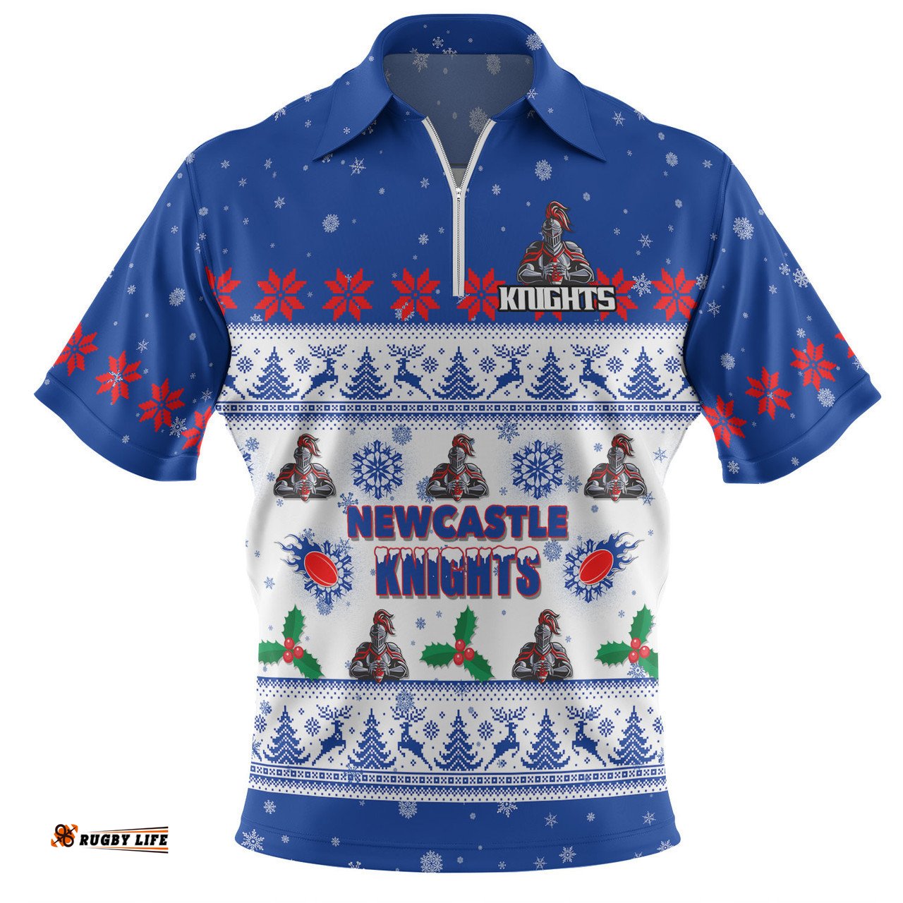 Newcastle Knights Christmas Custom Zip Polo Shirt - Special Ugly Christmas Zip Polo Shirt