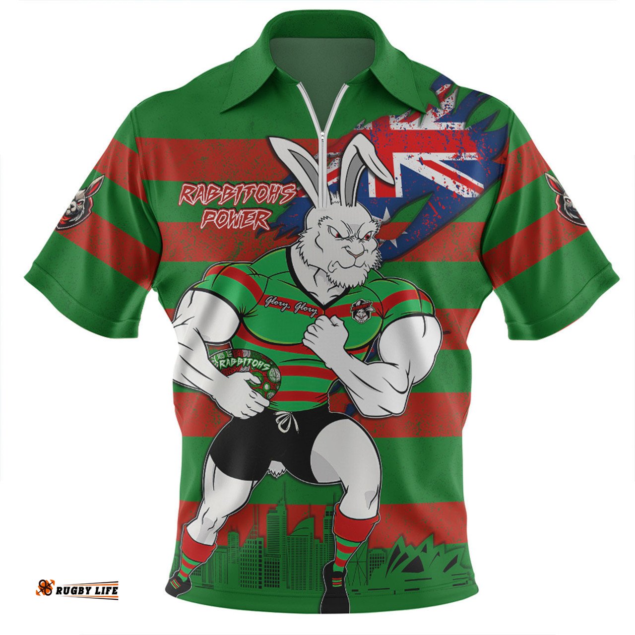 South Sydney Rabbitohs Zip Polo Shirt Custom For Die Hard Fan Australia Flag Scratch Style
