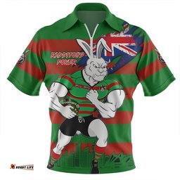 South Sydney Rabbitohs Zip Polo Shirt Custom For Die Hard Fan Australia Flag Scratch Style