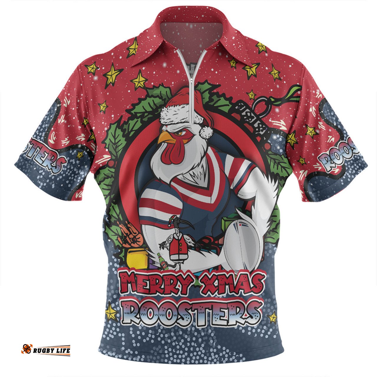 Sydney Roosters Christmas Custom Zip Polo Shirt - Merry Christmas Our Beloved Team With Aboriginal Dot Art Pattern Zip Polo Shirt