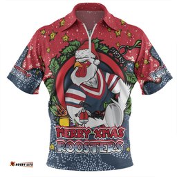 Sydney Roosters Christmas Custom Zip Polo Shirt - Merry Christmas Our Beloved Team With Aboriginal Dot Art Pattern Zip Polo Shirt