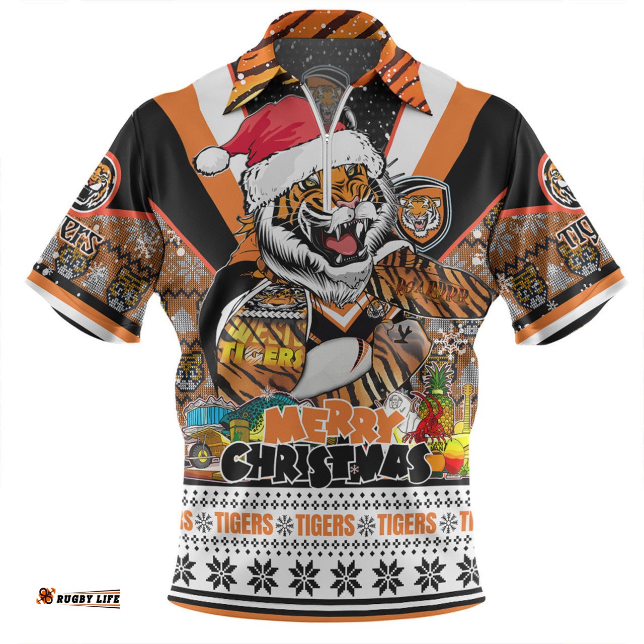 Wests Tigers Christmas Custom Zip Polo Shirt - Tigers Santa Aussie Big Things Zip Polo Shirt