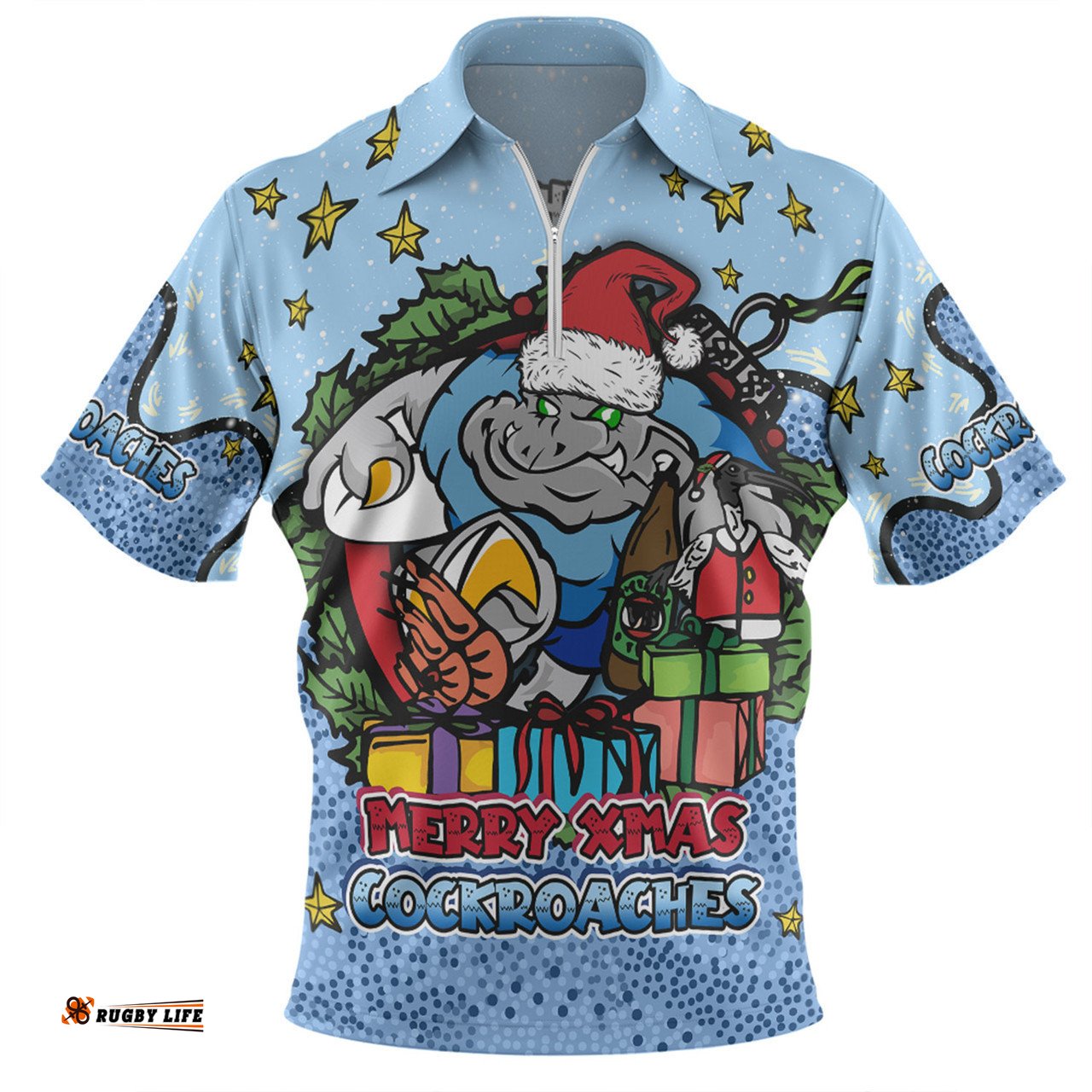 New South Wales Cockroaches Christmas Custom Zip Polo Shirt - Merry Christmas Our Beloved Team With Aboriginal Dot Art Pattern Zip Polo Shirt