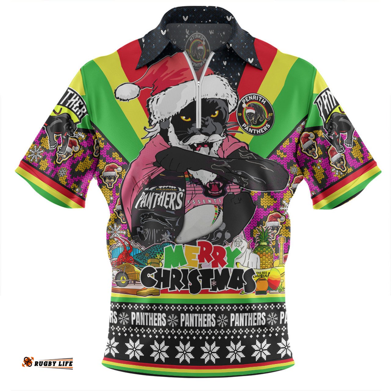 Penrith Panthers Christmas Custom Zip Polo Shirt - Penrith Panthers Santa Aussie Big Things Christmas Zip Polo Shirt