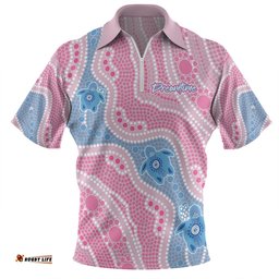 Australia Turtles Aboriginal Custom Zip Polo Shirt - Dreamtime River And Turtles Dot Art Painting Pink Zip Polo Shirt