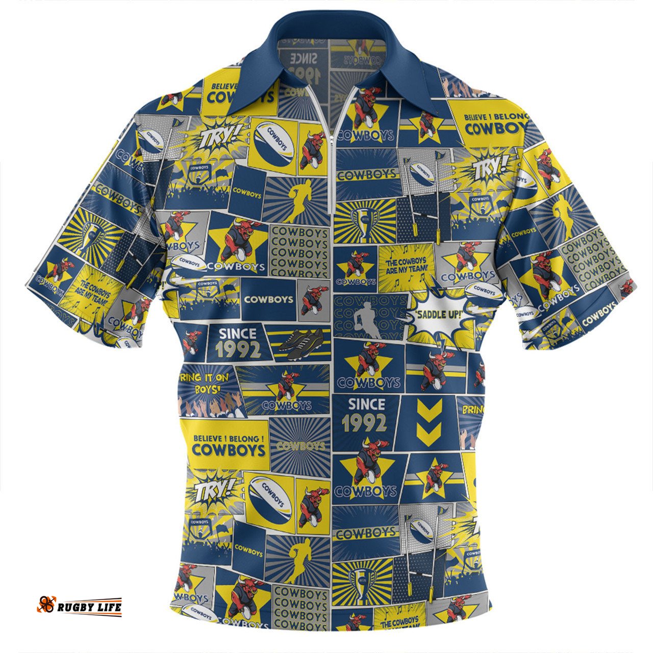 North Queensland Cowboys Zip Polo Shirt - Team Of Us Die Hard Fan Supporters Comic Style Zip Polo Shirt