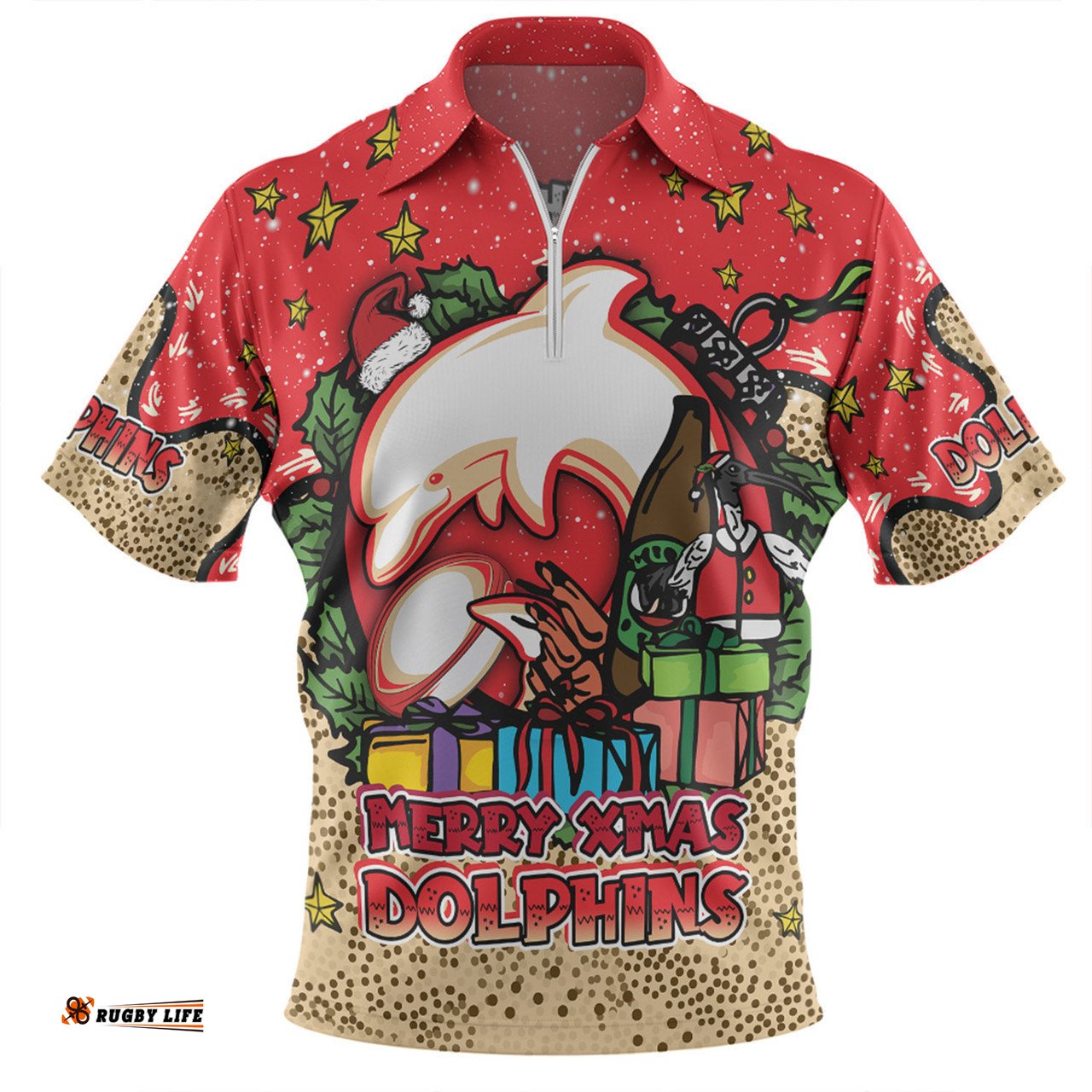 Redcliffe Dolphins Christmas Custom Zip Polo Shirt - Merry Christmas Our Beloved Team With Aboriginal Dot Art Pattern Zip Polo Shirt