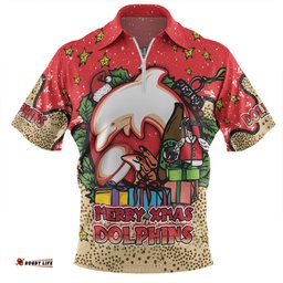 Redcliffe Dolphins Christmas Custom Zip Polo Shirt - Merry Christmas Our Beloved Team With Aboriginal Dot Art Pattern Zip Polo Shirt