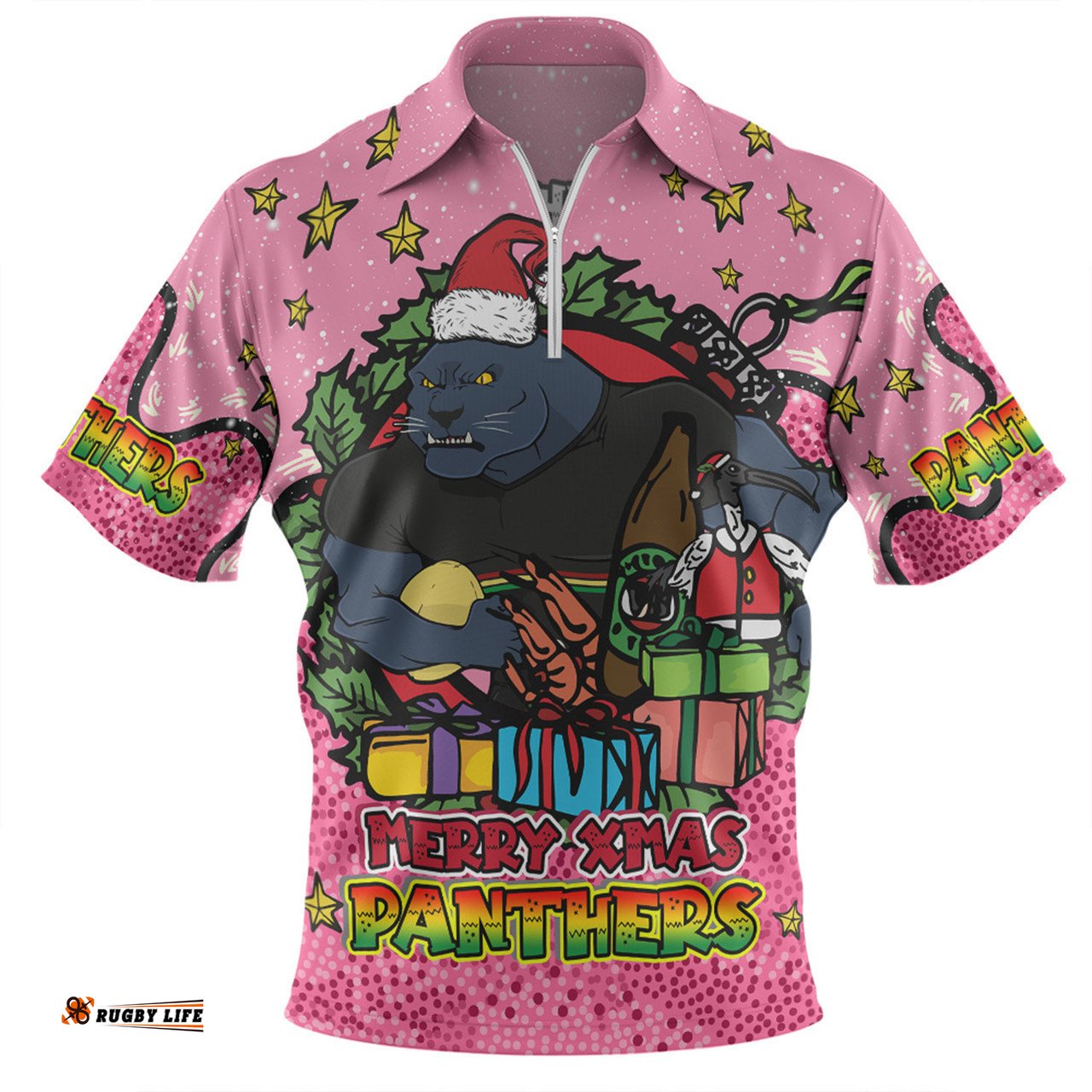 Penrith Panthers Christmas Custom Zip Polo Shirt - Merry Christmas Our Beloved Team With Aboriginal Dot Art Pattern V2 Zip Polo Shirt