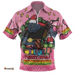 Penrith Panthers Christmas Custom Zip Polo Shirt - Merry Christmas Our Beloved Team With Aboriginal Dot Art Pattern V2 Zip Polo Shirt